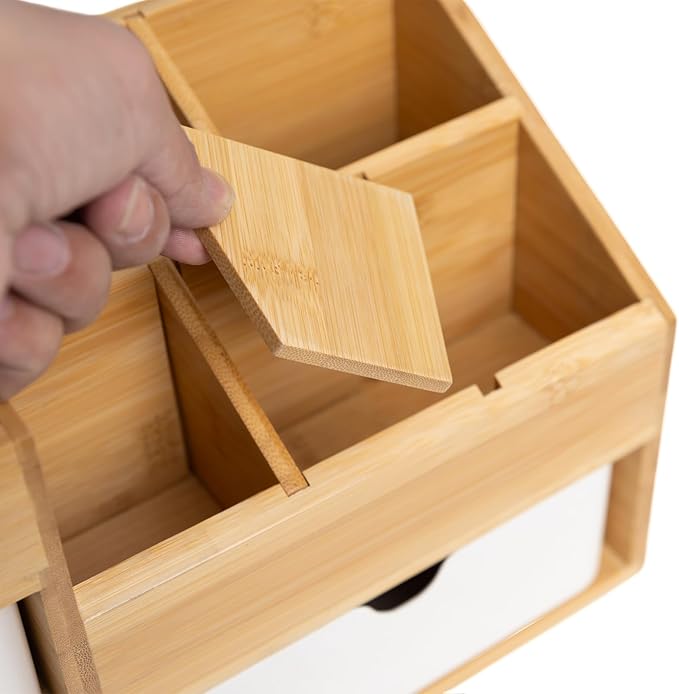 Bamboo Makeup Organizer with 3 Drawers, Dresser Cosmetic Organizer Box,Bamboo Desk Organizer for Home with Adjustable Dividers(11.5x5.4in)