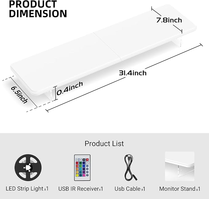 AFOOYO Monitor Stand Riser,31.5-Inch LED Light Wood Computer Monitor Stand with Adjustable Acrylic Legs,Desk Accessories Desktop Organizer Stand for, Computer,Laptop,Printer,PC TV Screen Riser,White