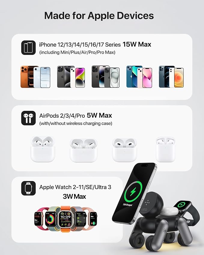 3 in 1 Wireless Charging Station for Apple Devices,Foldable Cute Magnetic Mag-Safe Wireless Charger Stand with Night Light for iPhone 17 Air 16 15 14 13 12 Series,AirPods 4 3 2 Pro,Apple Watch