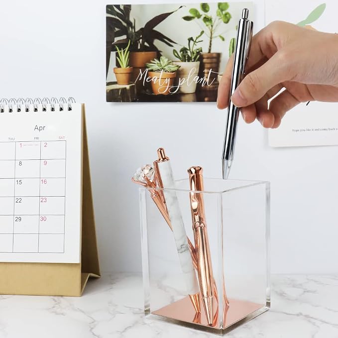 MEI YI TIAN Clear Acrylic Pencil Pen Holder Cup with Rose Gold Bottom, Desk Accessories Makeup Brush Holders Modern Design Desktop Organizer for Countertop Desk Accessory Storage