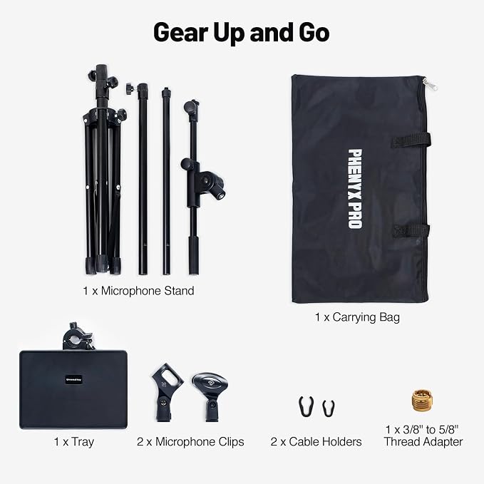PHENYX PRO Microphone Stand with 22x16cm Large Tray, Adjustable Stand Height, Dual Mic Clips & Carrying Bag, Ideal for Live Streaming, Recording, and Speeches (MA-S1)