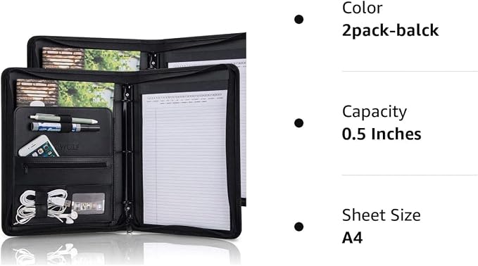 OOWOLF Portfolio Business Padfolio Folder with Zipper 3 Ring, Conference Meeting Executive File Legal Document Organizer with Pockets Letter Size 8.5 x 11inch Writing Pad Notepad Padfolio,Black 2-Pack
