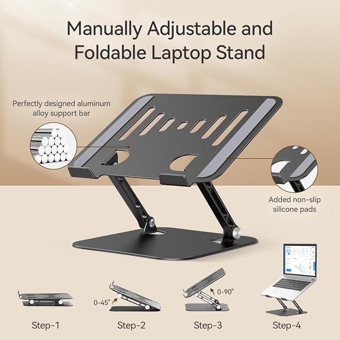 Adjustable Laptop Stand, Aluminum Portable Laptop Riser for Desk Foldable, Ergonomic Computer Notebook Stand Holder for MacBook Air Pro, Dell XPS, HP and All 10–17 Inch Laptops, Black