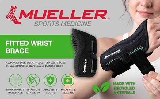 MUELLER Sports Medicine Green Fitted Wrist Brace for Men and Women,Wrist Pain Relief Support,Ideal for Carpal Tunnel,Tendonitis,Arthritis,Right Hand,Black,Small/Medium,(Pack of 2)