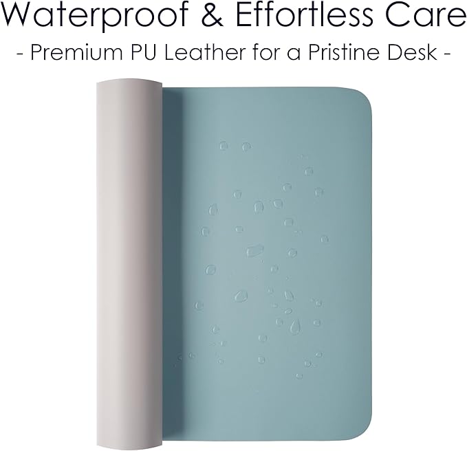 WAYBER Leather Desk Pad Protector, Waterproof Mouse Pad, PU Desk Mat, Office Desk Cover, Desk Writing Mat for Office/Home/Work/Cubicle (Light Blue/Silver) 31.5x15.7in