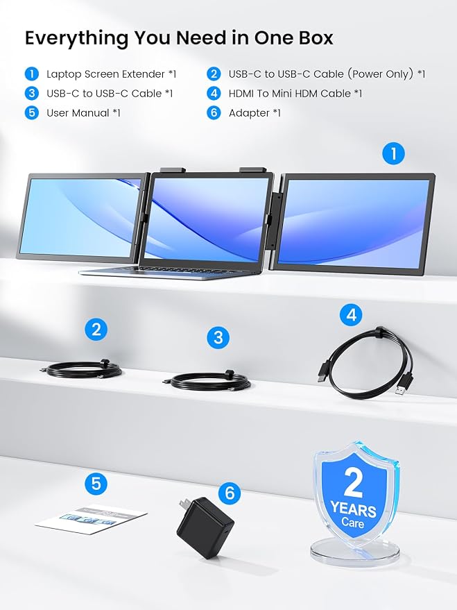 UPERFECT Laptop Screen Extender, 14'' Wireless Triple Portable Monitor, Ultra-Slim Dual Travel Monitor 125% sRGB One Cable Plug -Play Extender Monitor for MacOS/Win/Android, Fits 13.3-17.3" Laptops
