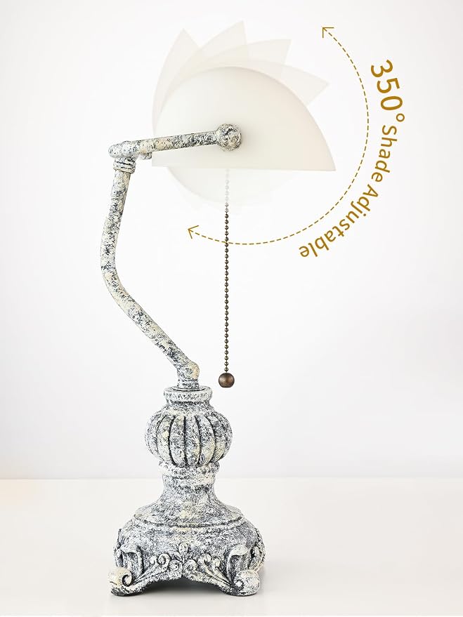 Retro White Matted Glass Bankers Desk Lamp for Home Office,Library with Pull Chain Switch Plug in Fixture, LED Bulb Included