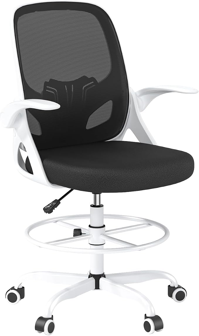 Kensaker Drafting Chair Tall Office Chair, Ergonomic Standing Desk Chair with Adjustable Foot Ring and Flip-up Armrests, Mesh Computer Chair for Art Studio, 300 LBS, White
