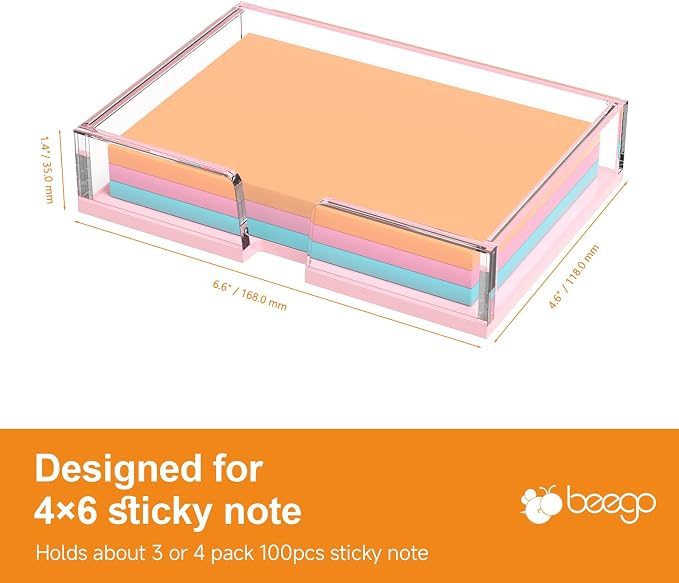 BEEGO Sticky Note Holder Organizer - 4x6 in Clear and Lightpink Acrylic Notepad Holder Acrylic Sticky Note Dispenser Cute Memo Holder (NO Pads) for Dorm Room Office Desk Organization