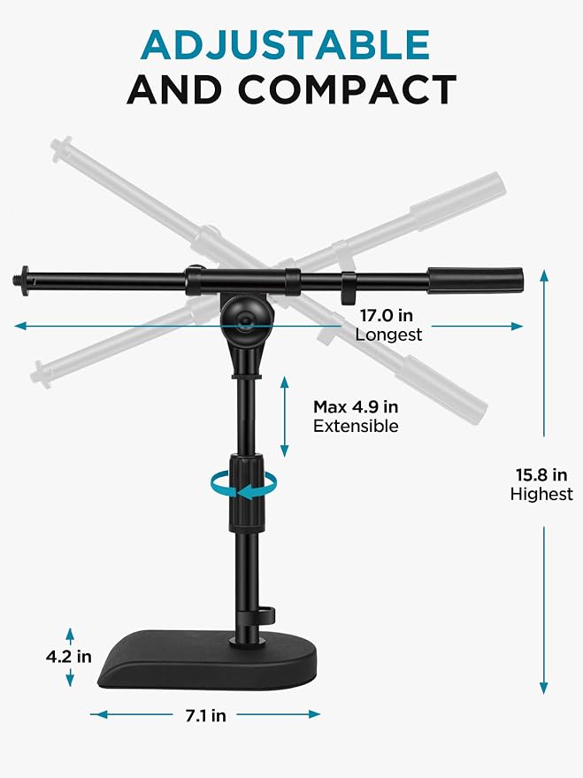 InnoGear Adjustable Desk Microphone Stand, 2 Pack Weighted Base with Soft Grip Twist Clutch, Boom Arm, 3/8"-5/8" Screw Adapter for Blue Yeti and Blue Snowball, Kick Drums, Guitar Amps, Black