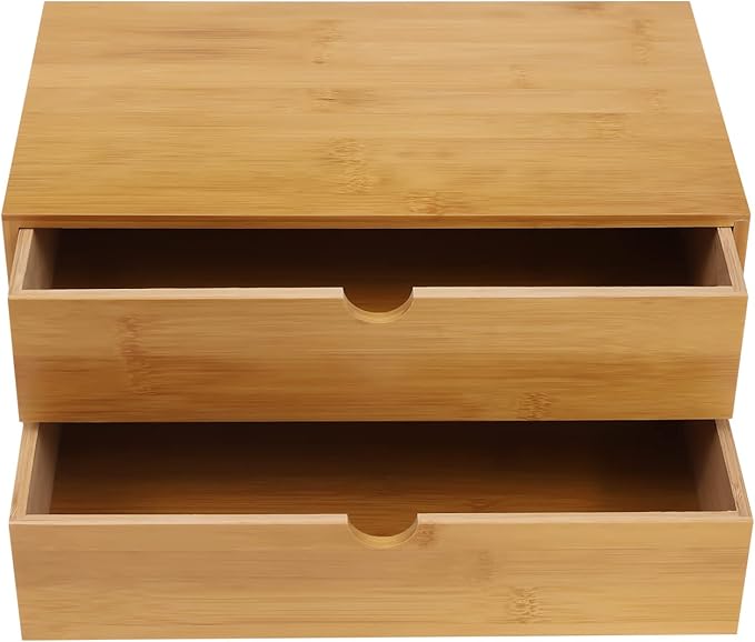 Bamboo Desk Organizer with 2 Drawers, Natural Wood Tabletop Storage Box | No-Assembly Countertop Drawer for Office Home Makeup Jewelry Stationery