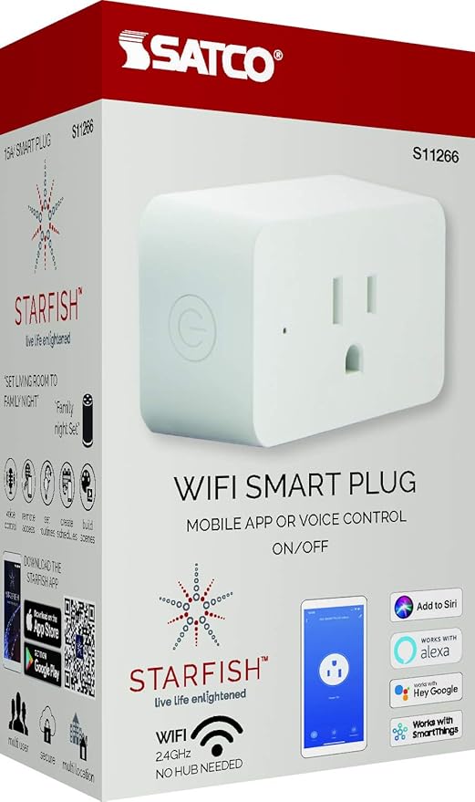 Satco S11266 Starfish On/Off WiFi Smart Plug Outlet, Works with Siri, Alexa, Google Assistant, SmartThings, White