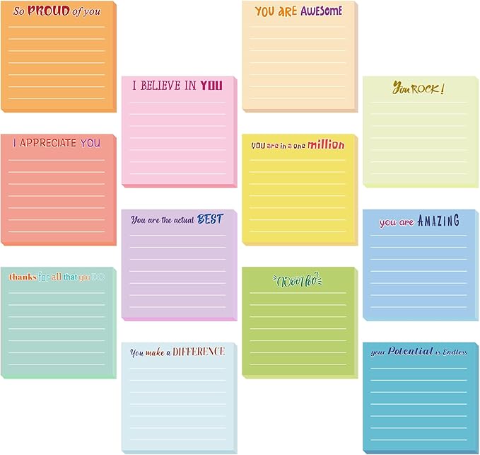 Yinder 12 Pcs Inspirational Sticky Notes Thank You Gift Motivational Sticky Note Pad Employee Appreciation Gift Bulk for Staff Coworker Teacher Nurse Office Groups 3 x 3'' (Appreciation,Light)