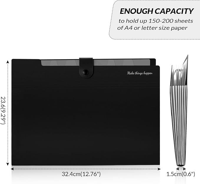SKYDUE Expanding File Folders with Labels,8 Pockets Accordion File Organizer, Portable Document Paper Organizer, A4 Letter Size Filing Folder for Office, Pack of 4, Black