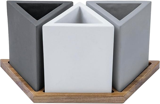 MyGift Modern Concrete Desk Organizer Set with 3 Triangular Gray-Tone Pen Holders and Acacia Wood Tray, 4-Piece Office Storage Solution for Pens, Pencils, and Supplies