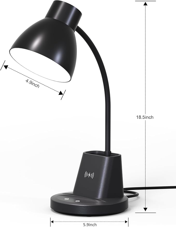 Desk Lamp for Home Office, 10W Wireless Charging, Eye-Caring LED Desk Light, CRI 95+ 3 Color Modes Stepless Dimming Pen Holder, 360° Flexible Arm Desk Lamps for College Dorm, Adapter Included