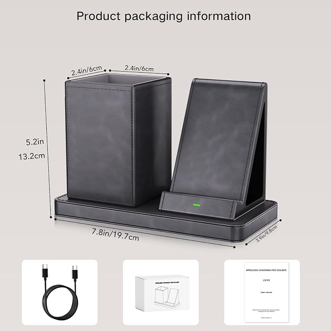 LADSTAG Multi-Functional Pencil Holder for Desk,Gray Vegan Leather Organizers with Remote Control Holder,Pencil Holder,Desk Organizer with Phone Wireless Charger for Office/Nightstand/Endtable