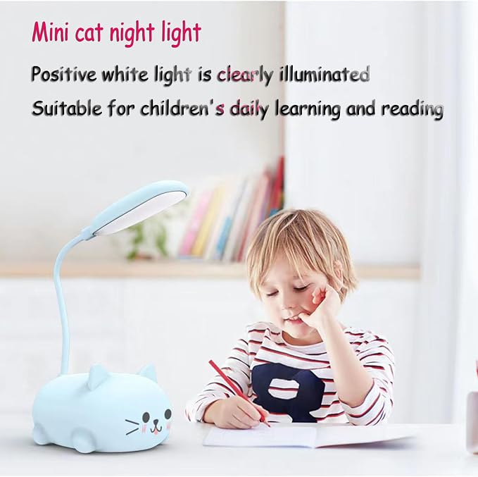 Neioaas LED Desk Lamp for Kids, Cute Cat Lamp USB Rechargeable Reading Light,Portable LED Table Light, Flexible Gooseneck Eye-Care Cartoons Small Desk Lamp Girls Gifts (Blue)