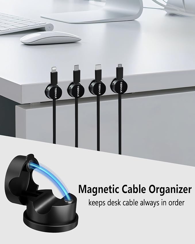 6Pack Magnetic Cord Holder 360° Rotating, 1s Lock Adhesive Desk Organizers | 8mm Cable Pass-Through, One-Hand Easy Installation for Cable Management, Phone Charging Wires Nightstand Car Home Office