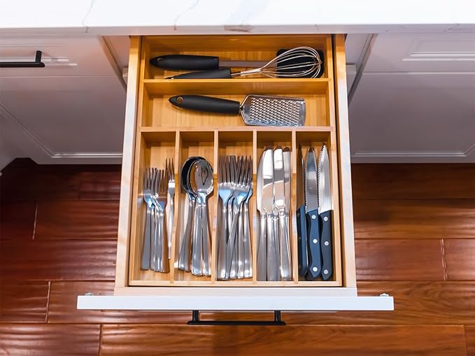 Bamboo Kitchen Drawer Organizer, 13 Inch Silverware Utensil Tray Holder, Extra Deep Grooved Drawer Divider, 7 Slots Total Bamboo Wood Caddy for Flatware Cutlery Knives, Forks, Spoons