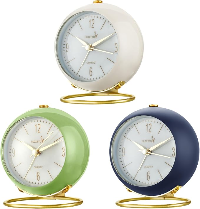 FLOITTUY Silent Table Analog Alarm Clock No Ticking, Lighted on Demand and Battery Operated, Beep Sounds, Small Desk Clock(White)