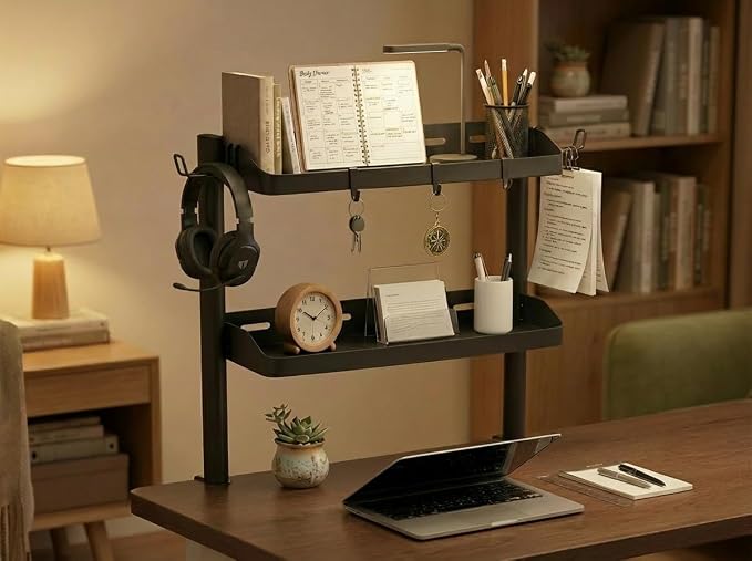 Clamp on Desk Shelf, 17in 2-Tier Office Desk Shelves Organizer, Small Shelf for Top of Desk with Headphone Holder and Hooks, Desktop Storage Rack for Home Workspace, Study Rooms, Gaming Accessories