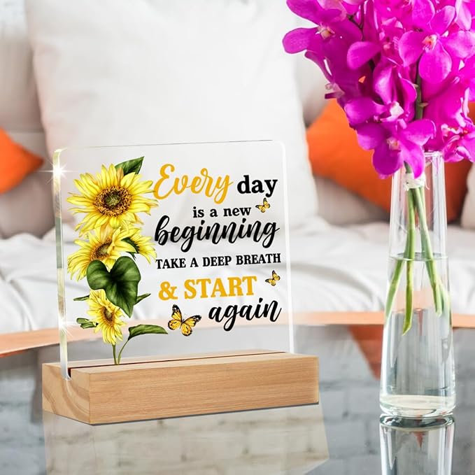 Motivational Sunflower Gifts Desk Accessories for Women Office Decor | Inspirational Gifts, Every Day Is a New Beginning, Positive Home Desk Decorative Sign, Clear, Acrylic, 4 x 4 Inches