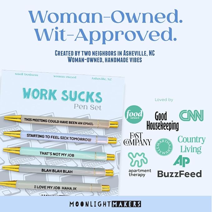 Moonlight Makers Funny Pens — Cute Office Pens for Work, Black Ink Ballpoint with Sayings, Fine Point Journaling Supplies, Snarky Gift Ideas for Coworkers, Friends, Women, Set of 5, Work Sucks