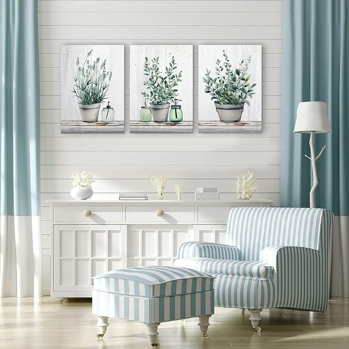 MHARTK66 Canvas Wall Art For Bedroom Living Room Canvas Prints Artwork Bathroom Wall Decor Green Plants Painting 16" X 24" 3 Pieces Modern Framed Ready To Hang Office Home Decorations