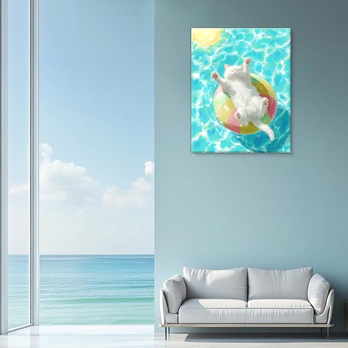Summer Pool Beach Ball Canvas Wall Decor, Cute Cat Wall Art, Funny White Kitten Floating Water Painting, Aesthetic Animal Wall Art for Bedroom Bathroom Living Room 8x10 Framed