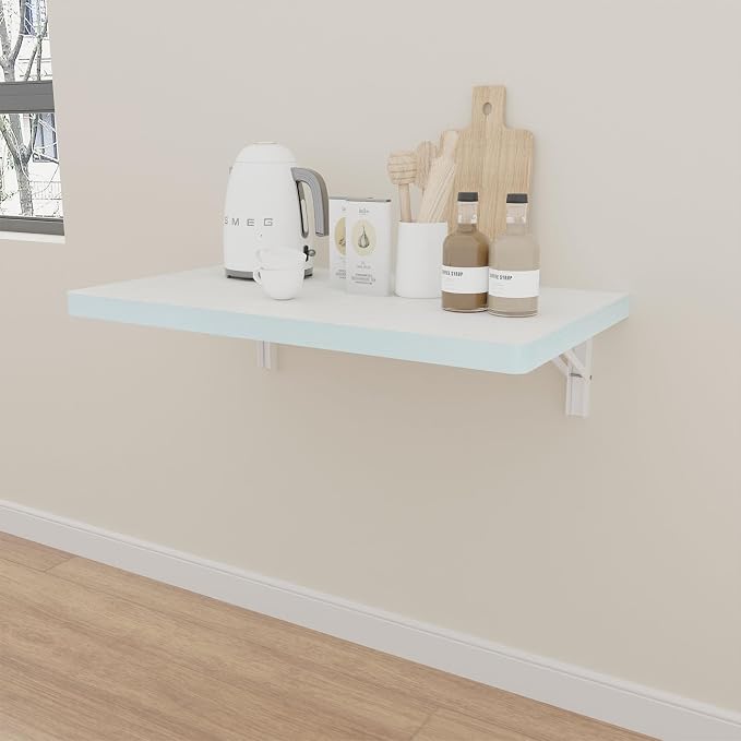 IAE Wall Mounted Folding Table with Pine Wood,24" x 14" Floating Wall Desk,Laundry Folding Table with Shelf Bracket,Fold Down Desk Shelf,Folding Workbench for Home,Dining, Laundry Room,Kitchen,White