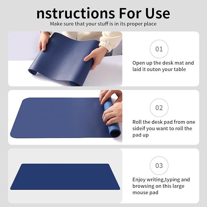 Large Office Leather Desk Mat, Large Mouse and Keyboard Pad, Laptop Pad, Desktop Protector(Dark Blue, 31.5 in. x 15.7 in.)