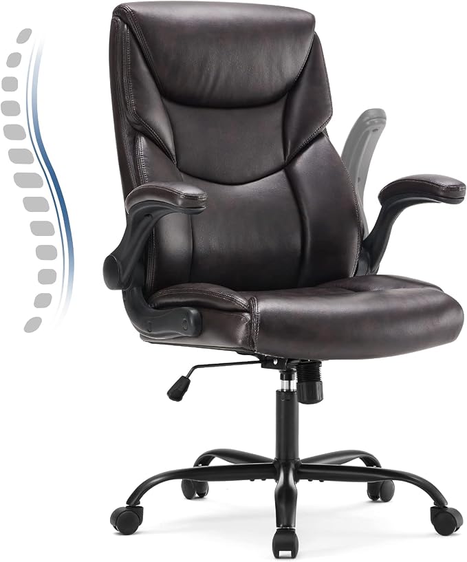 DUMOS PU Leather Office Chair - Ergonomic Executive Computer Desk Chairs with Adjustable Flip-up Armrest, Swivel Task Chair with Lumbar Support, Strong Metal Base,Dark Brown