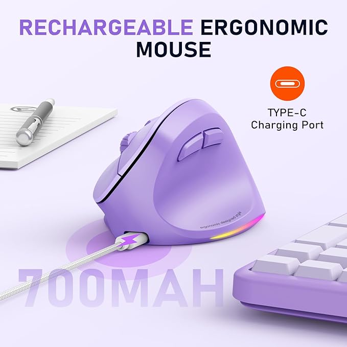 MEETION Ergonomic Mouse, Wireless Vertical Mouse RGB Backlit Rechargeable Mice for Bluetooth(5.2 + 3.0) & USB, 4 Adjustable DPI Compatible Mac/Windows/Andriod/PC/Tablet/iPad Purple