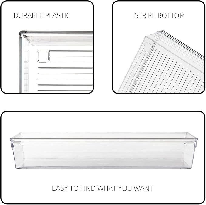 Clear Plastic Drawer Organizer Tray for Vanity Cabinet (9"×6"×2" Set of 4) For Office Bathroom Makeup Drawers