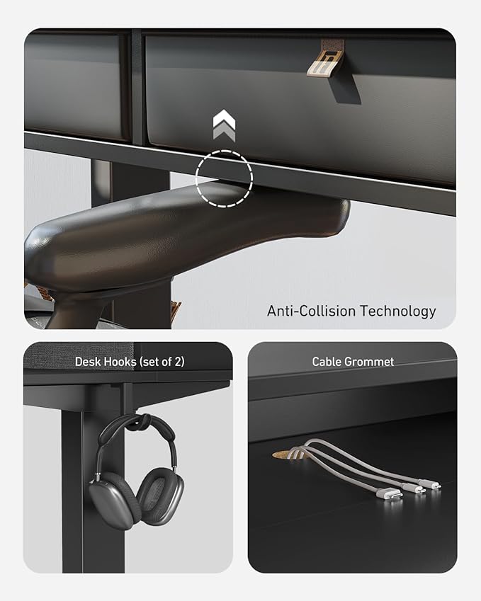 CubiCubi 48" x 24" Standing Desk with Drawers, Height Adjustable Electric Workstation, Computer Sit Stand Up Table with Large Storage Shelf 4 Drawers and 2 Hooks, Black