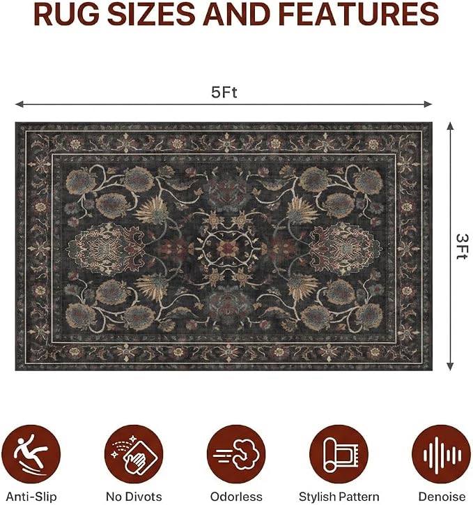 36"x60" Office Chair Mat for Hardwood Tile Floor, Under Desk Carpet Protector for Rolling Computer Chair Mat, Machine Washable Area Rug, Anti-Slip 1/5" Thick Low Pile Thin Vinyl Floor Mat, Charcoal