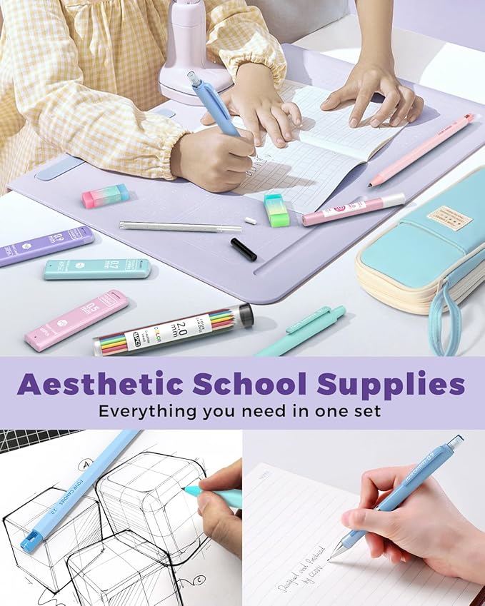 Four Candies 36PCS Aesthetic School Supplies, Mechanical Pencils 0.5mm, 0.7mm, 0.9mm & 2.0mm with 624PCS Lead Refills, Cute Mechanical Pencil Set for Writing, Drawing & Drafting (Blue)