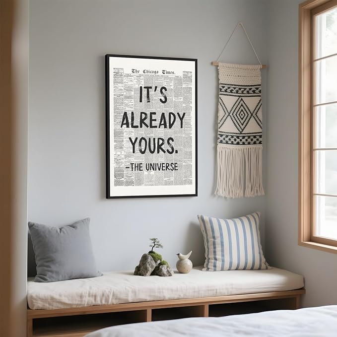 Framed Black And White Retro Newspaper Wall Art ItS Already Yours Universe Quote Poster Trendy Positive Inspirational Wall Decor for Bedroom Office Apartment Dorm Affirmation Canvas Print 8x12inch