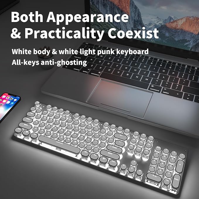 SEUNKWANG EWEADN TK950 Typewriter Keyboard Wireless Mechanical Keyboard, 104 Keys Aesthetic Typewriter Keyboards with White Backlit, Anti-Ghosting, Blue Switch Bluetooth/2.4GHz/Wired Keyboards-White