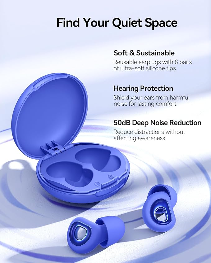Ear Plugs for Sleeping 50dB Noise Cancelling Ear Plug with 7 Tips, 0.1Oz UltraComfy Ear Plugs for Noise Reduction for Concerts, Side Sleeper, Focus, Snoring, Silicone Reusable Earplug with Case