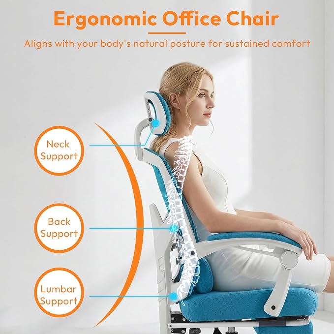 Ergonomic Desk Chair, High Back Office Chair with Wheels, Elegant Blue | Computer Chair with Footrest, Swivel Reclining Gaming Chair with Headrest, Comfy Armrest for Home, Office, Work, Study