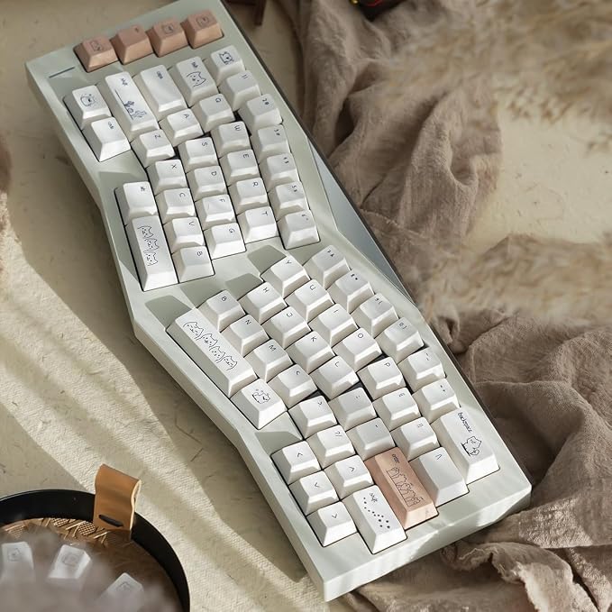 PBT Cute Cat Keycaps, Milk White Dye-Sublimation Keycap, 151 Keys Cherry Profile Keyboard Keycaps Set, Sand Dune Cat Custom Key Caps for Cherry MX Switches Mechanical Gaming Keyboard