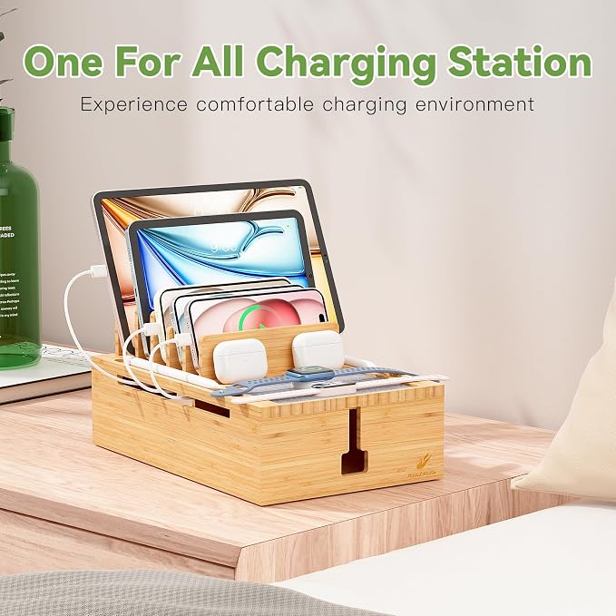 Pezin&Hulin Charging Station for Multiple Devices with 10 Port HUB, 6 Cable | USB Charger Dock Organizer , Cable Management Organizer for Cell Phones, Tablets - Bamboo, Natural Color