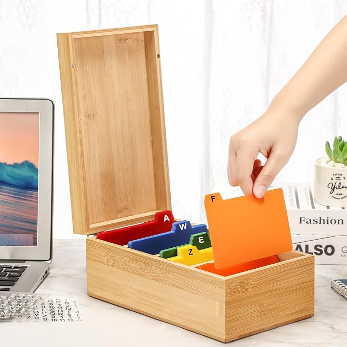 3 x 5 Inch Index Card Holder Set, Bamboo Organizer Box with 50 Dividers & 2 Sheets Alphabet Number Stickers File Note Holders, Holds 1200 Cards for Office Business Home Kitchen, Wooden Color