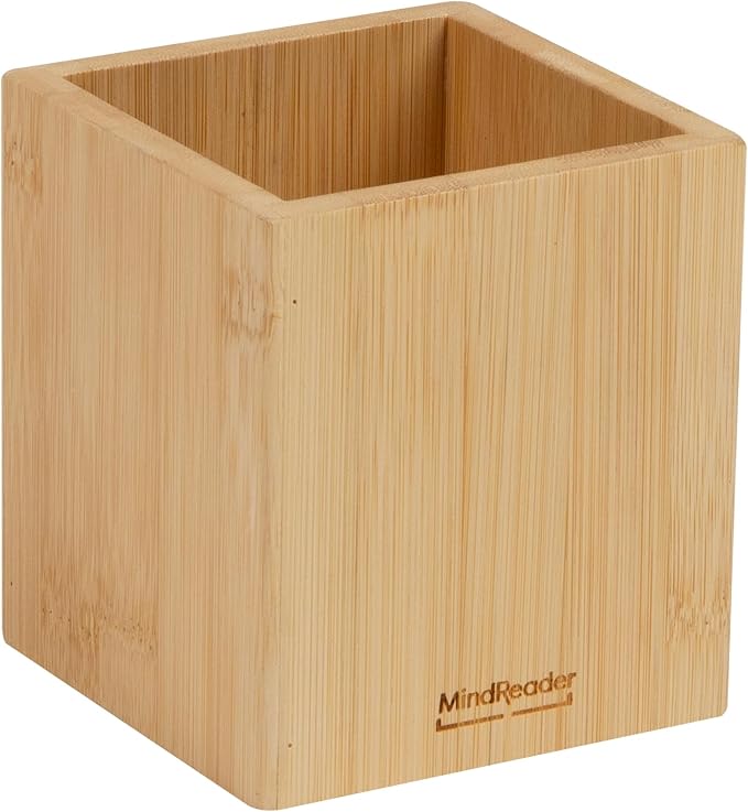 Mind Reader Pen Cup, Accessory Holder, Desktop Organization, Office, Bamboo, 3.5"L x 3.5"W x 3.875"H, Brown