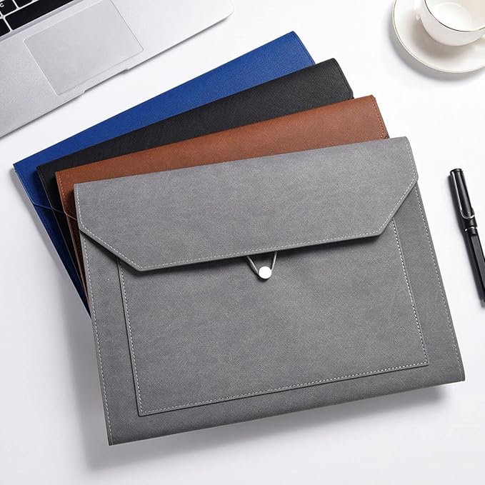 PU Leather A4 File Folder Document Holder 2 Pockets Portfolio Envelope Folder Case with Elastic String 3/4 Inch Expansion (Gray)