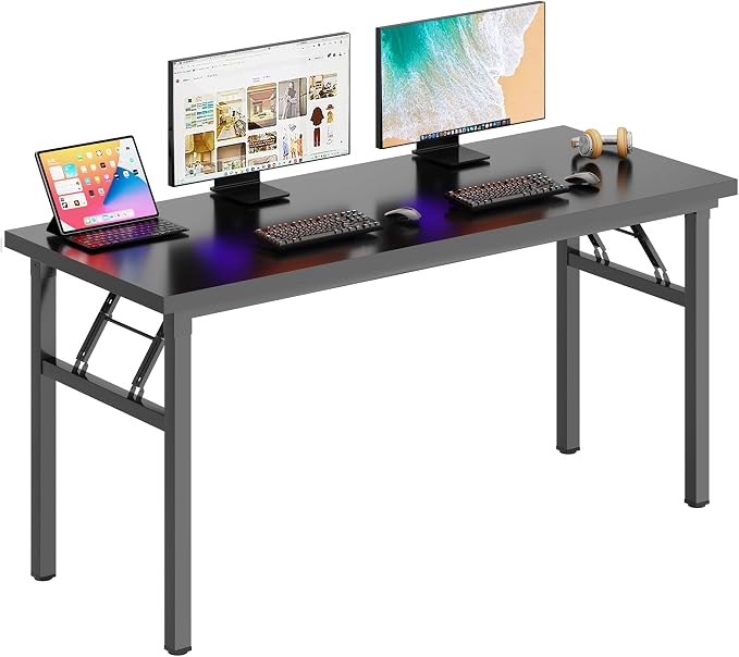 SogesHome 62 Inches Foldable Desk for Home Office, Large Compact Computer Table with Adjustable Leg Pads, No Assembly Needed Folding Writing Conference Desk Gaming Table for Small Spaces, Black