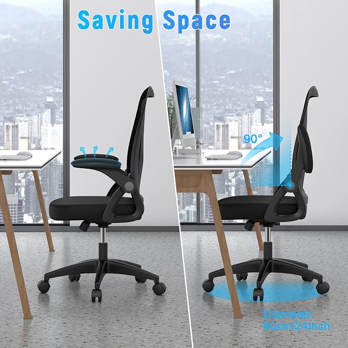 naspaluro Home Office Desk Chair Mid Back with Adjustable Height Dark Black | Comfy Ergonomic Chair with Flip-Up Arm and Lumbar Support, Breathable Mesh Swivel Computer Chair for Study Working Teacher