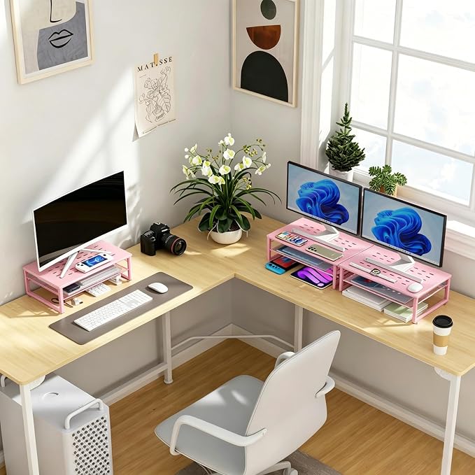 Gianotter 2-Tier Metal Monitor Stand Riser, Workspace Organizer with Desk Accessories, Office Storage for Supplies (Pink)